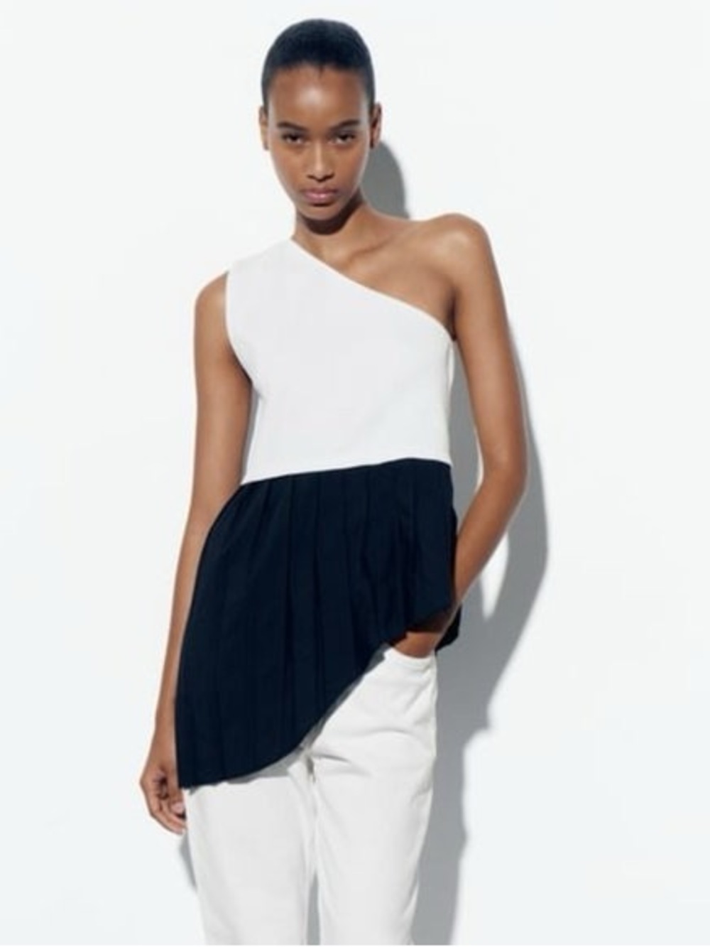 Zara top with contrast hem black and white asymmetrical one shoulder